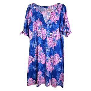 Lilly Pulitzer Easley Short Sleeve Dress Coral Pink Blue Floral Print Size L NWT